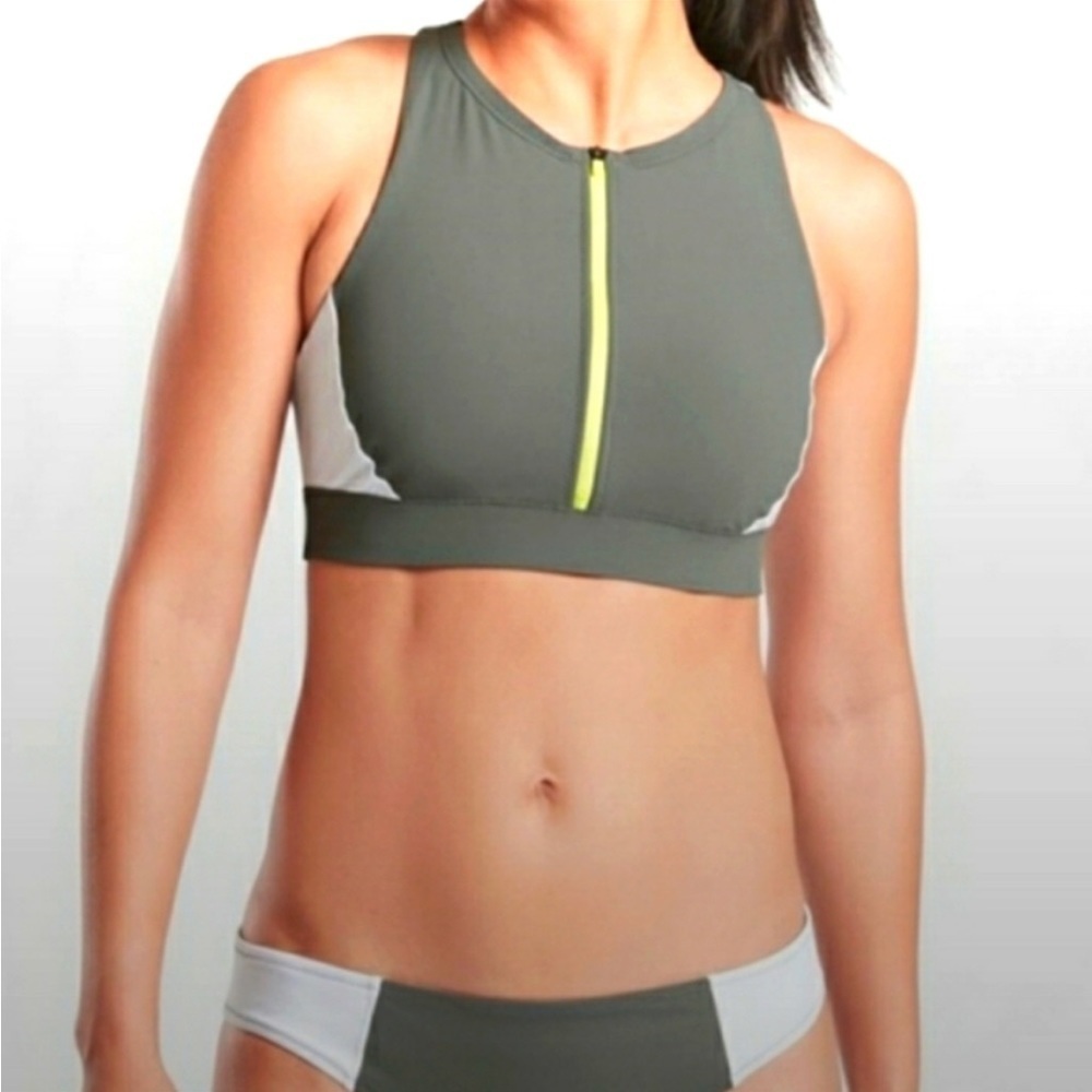 Athleta Color Block Front Zip Bikini Top size S
